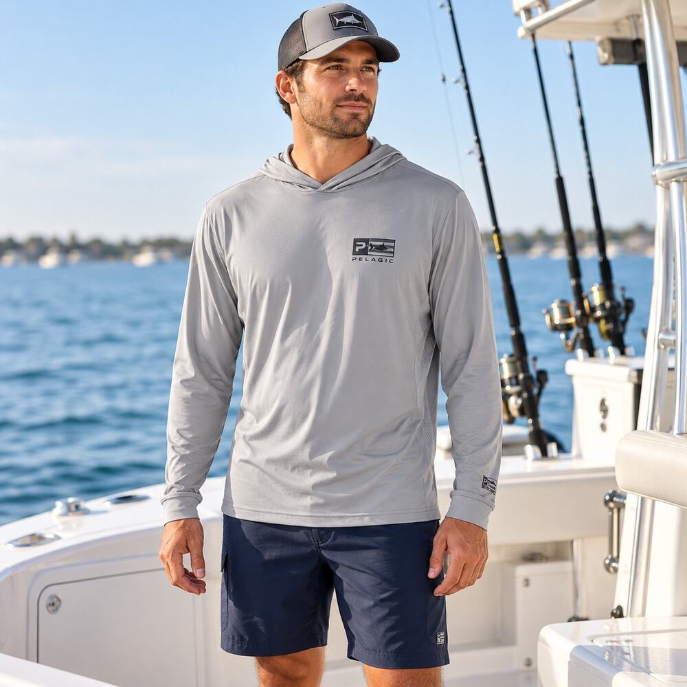 Pelagic Aquatek Mens Medium Gray UPF 50+ Fishing Sun Hoodie Long Sleeve Offshore